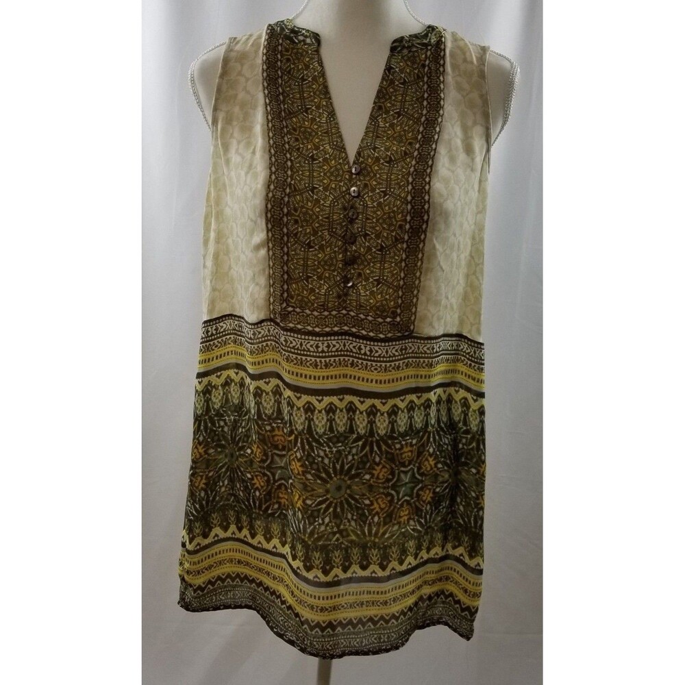 Neiman Marcus Nic + Zoe Top, Ivory Olive Brown Tunic Sleeveless Blouse SZ Small